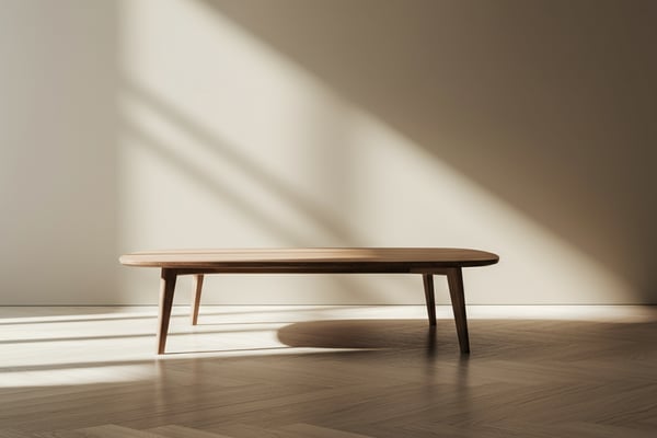 Mid-century modern wooden coffee table in empty room with sunlight streaming across floor
