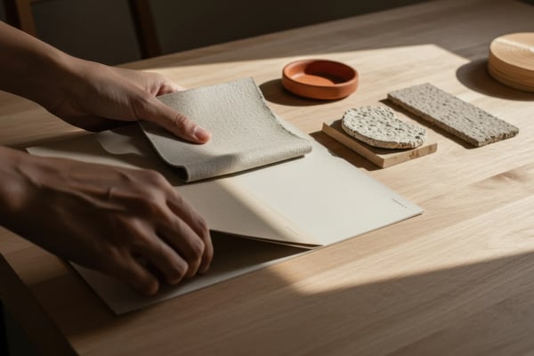 Hand holding fabric swatch over wood table with material samples, ceramic bowl, and notebook